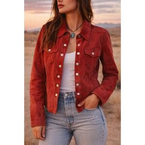 Red Suede Leather Jacket Western Boho Trucker Buton Front Whimsygoth Rustic Sz S